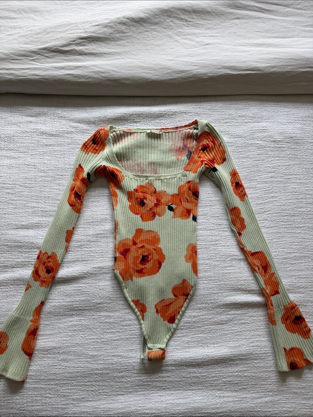 Free People Mint Green Ribbed Floral Long Sleeve Bodysuit with Orange Flowers